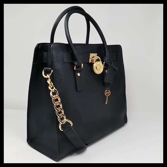 Michael Kors Hamilton Large Saffiano Leather Tote Black With Gold - Picture 2 of 16